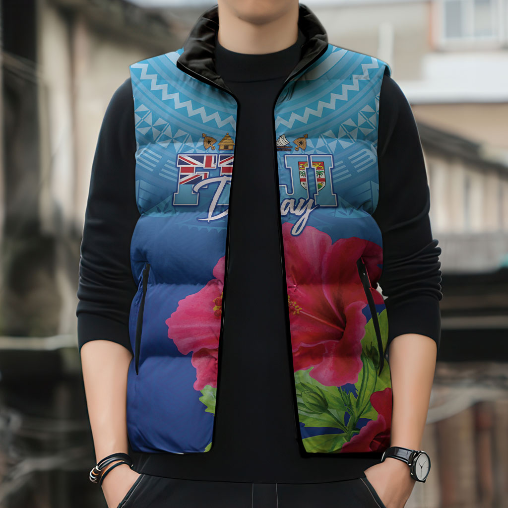 Bula Fiji Day Sleeveless Puffer Jacket Traditional Tapa Pattern With Hibiscus