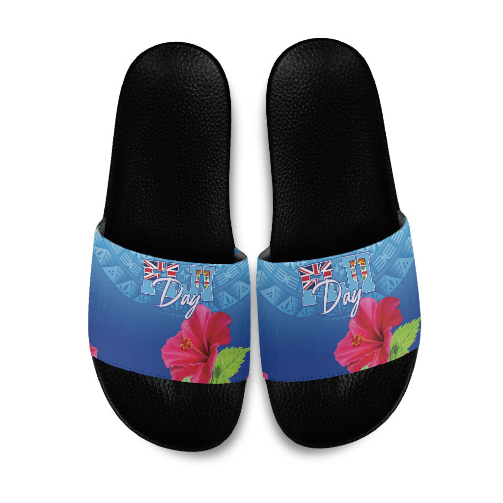 Bula Fiji Day Slide Sandals Traditional Tapa Pattern With Hibiscus
