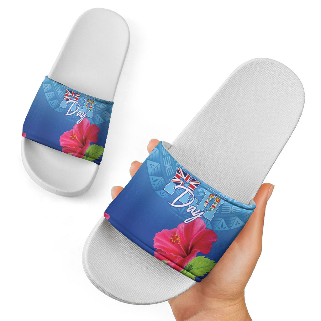 Bula Fiji Day Slide Sandals Traditional Tapa Pattern With Hibiscus