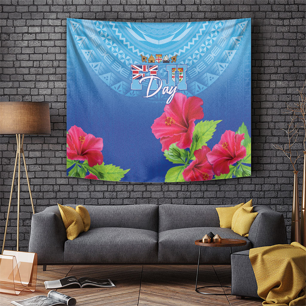 Bula Fiji Day Tapestry Traditional Tapa Pattern With Hibiscus LT05 Blue - Polynesian Pride