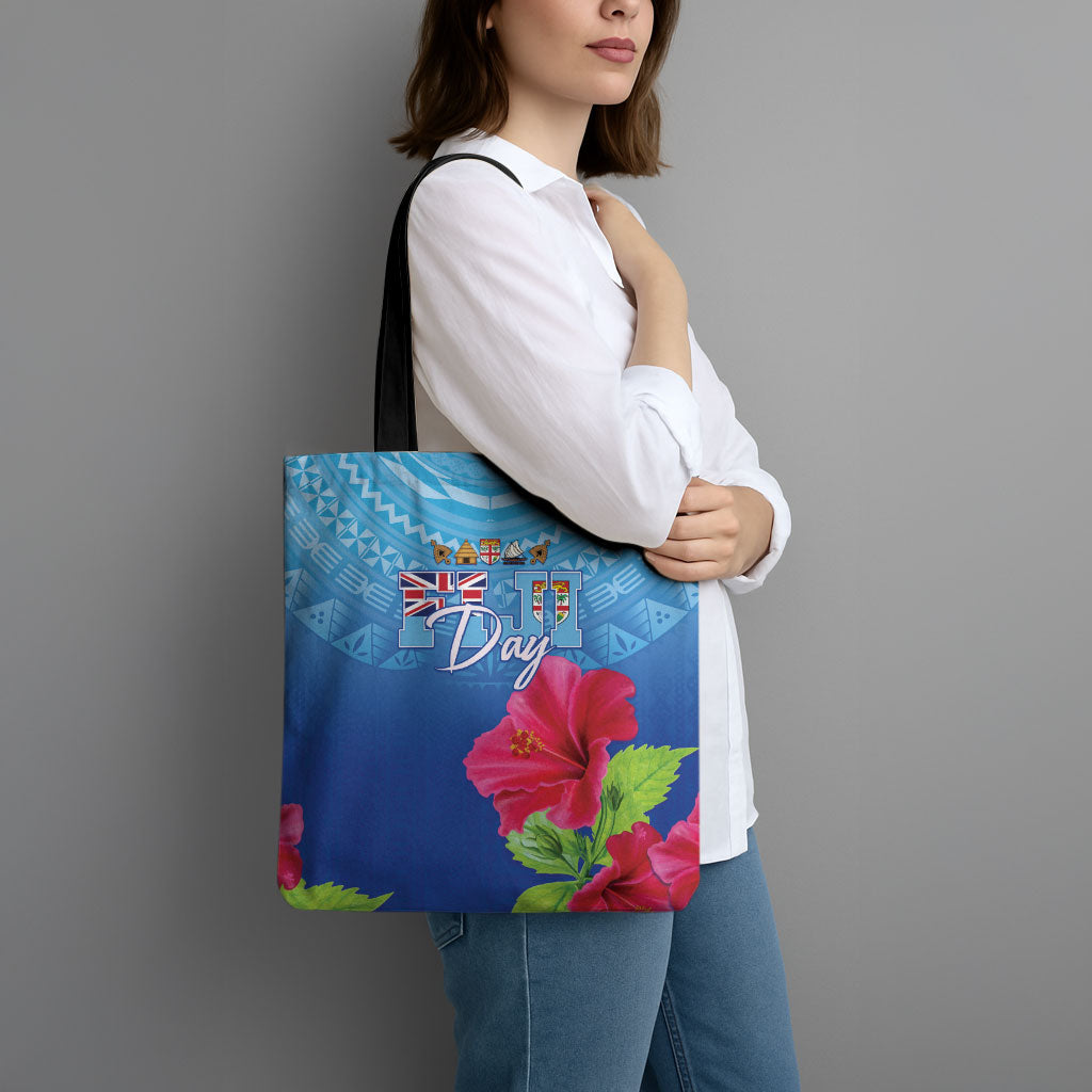 Bula Fiji Day Tote Bag Traditional Tapa Pattern With Hibiscus