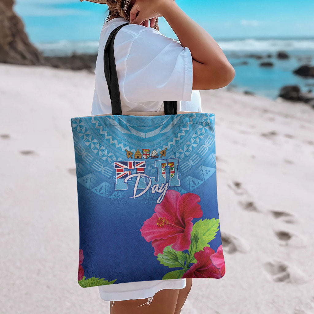 Bula Fiji Day Tote Bag Traditional Tapa Pattern With Hibiscus