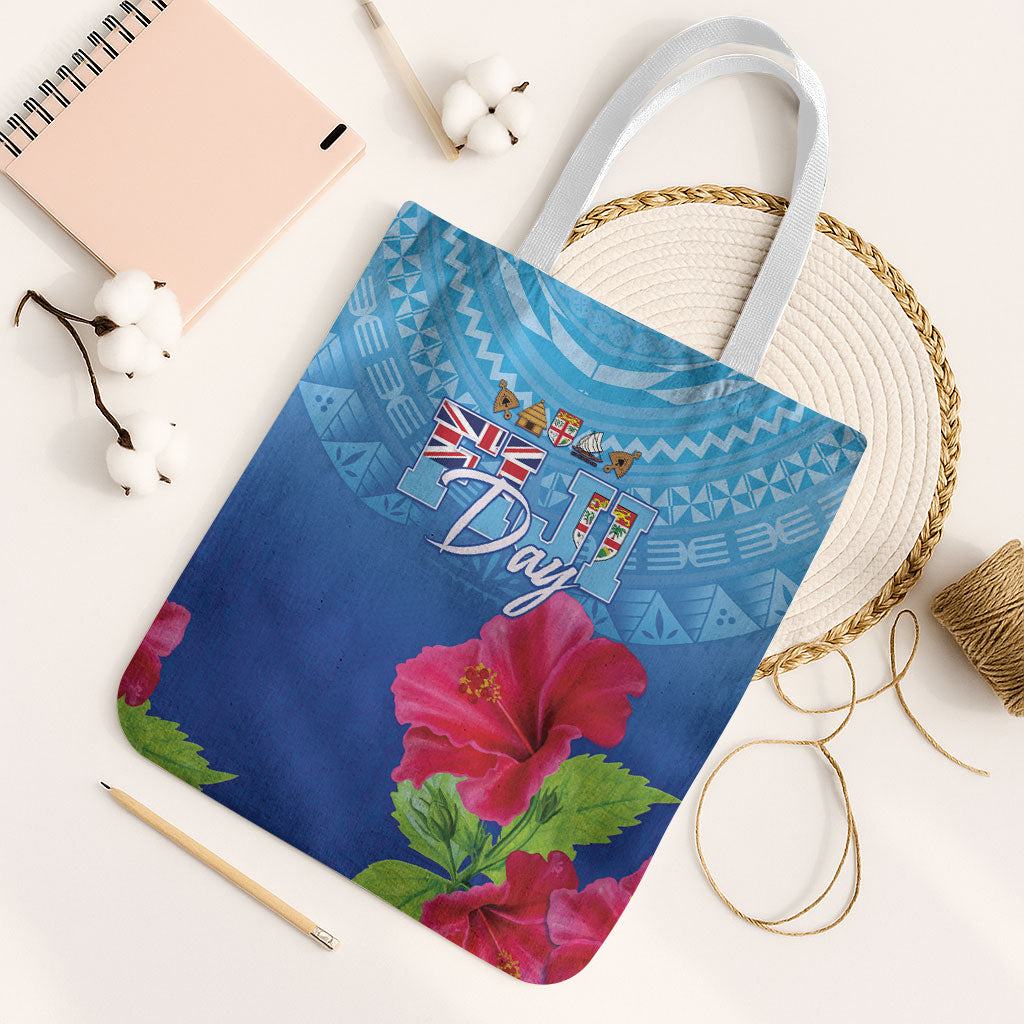 Bula Fiji Day Tote Bag Traditional Tapa Pattern With Hibiscus