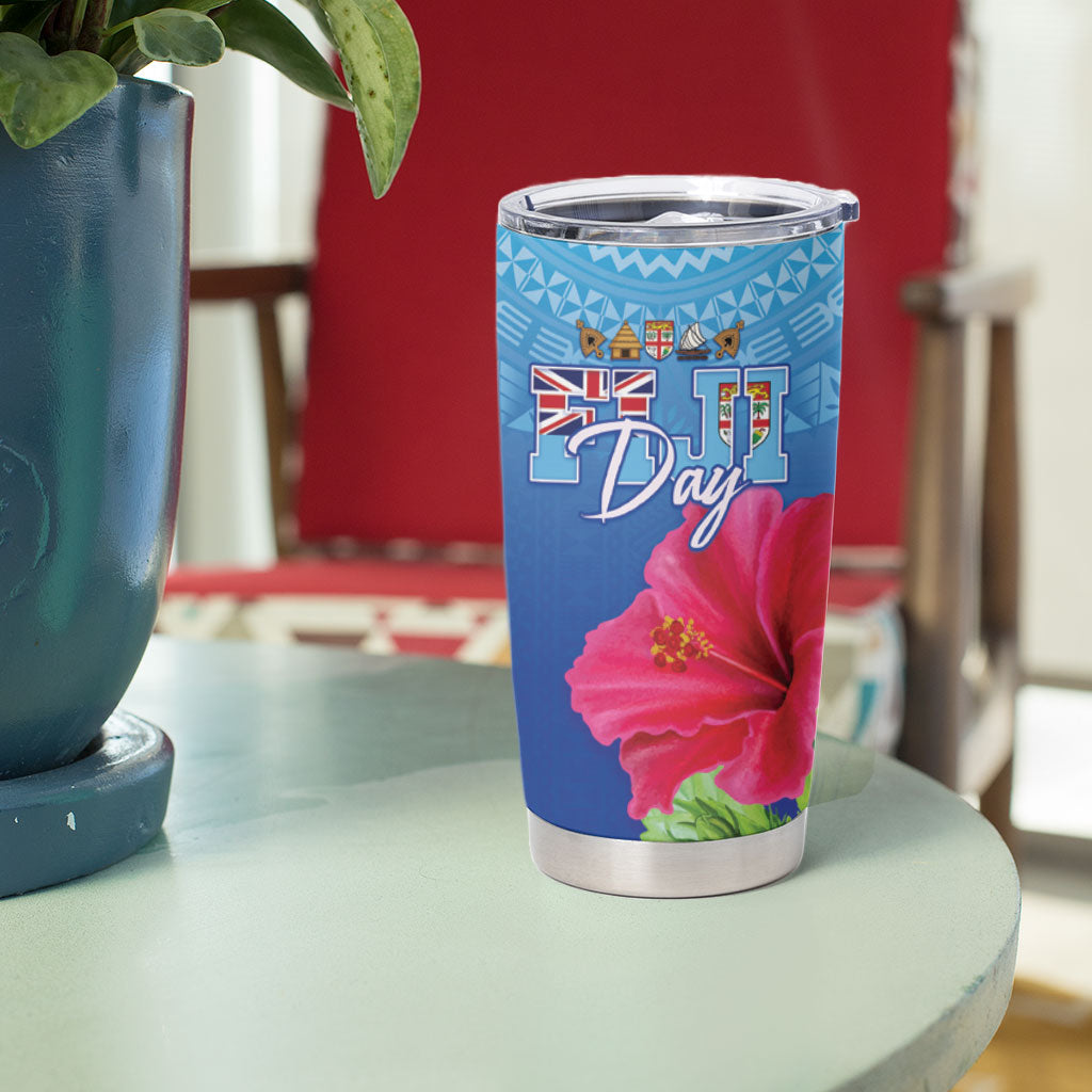 Bula Fiji Day Tumbler Cup Traditional Tapa Pattern With Hibiscus