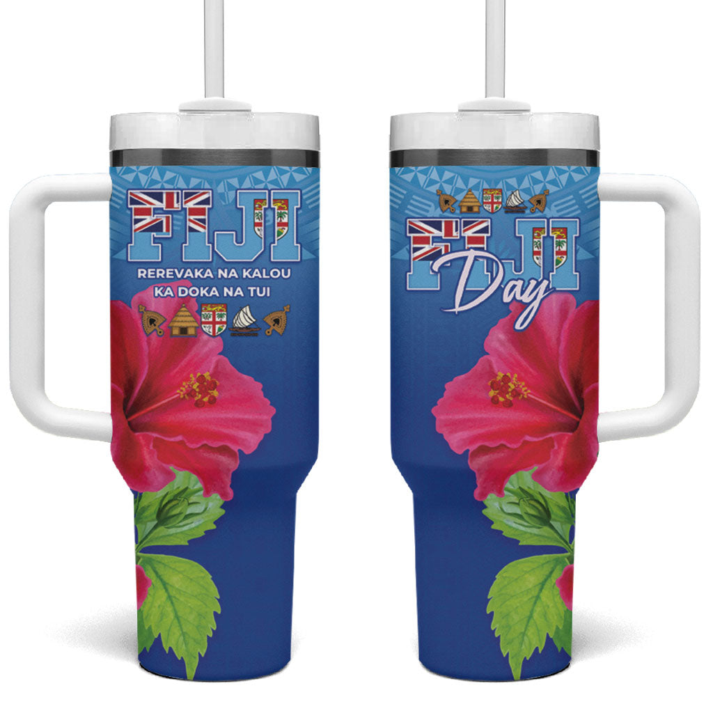 Bula Fiji Day Tumbler With Handle Traditional Tapa Pattern With Hibiscus LT05 One Size: 40 oz Blue - Polynesian Pride