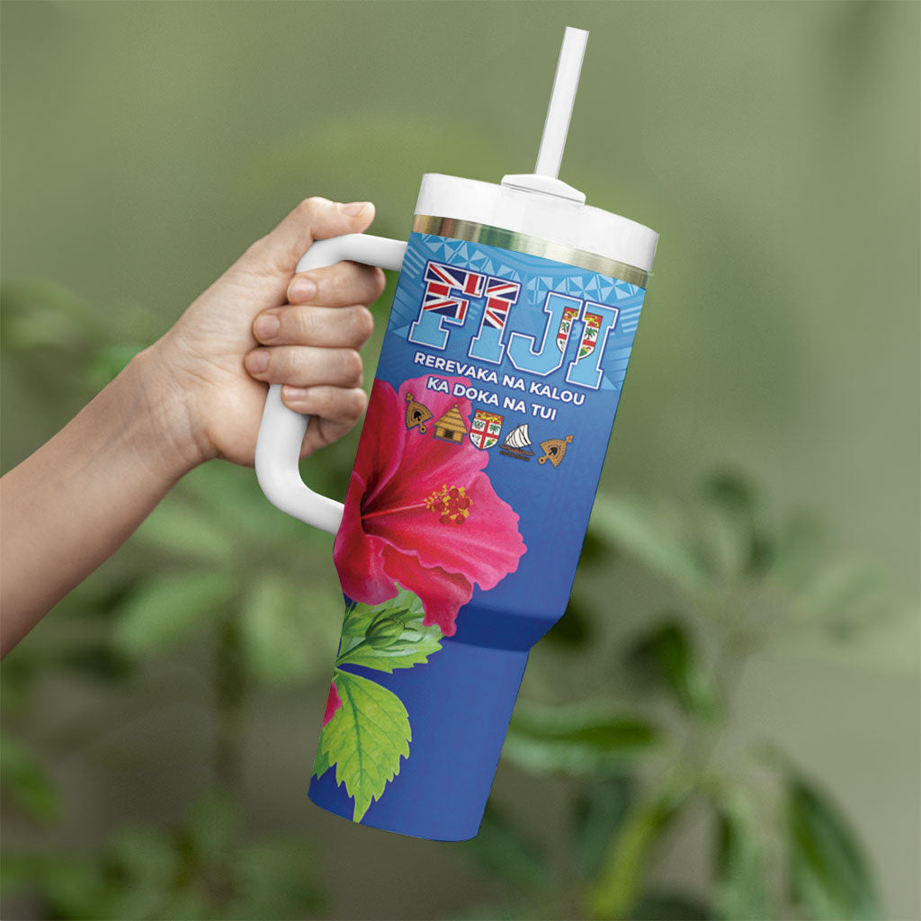Bula Fiji Day Tumbler With Handle Traditional Tapa Pattern With Hibiscus