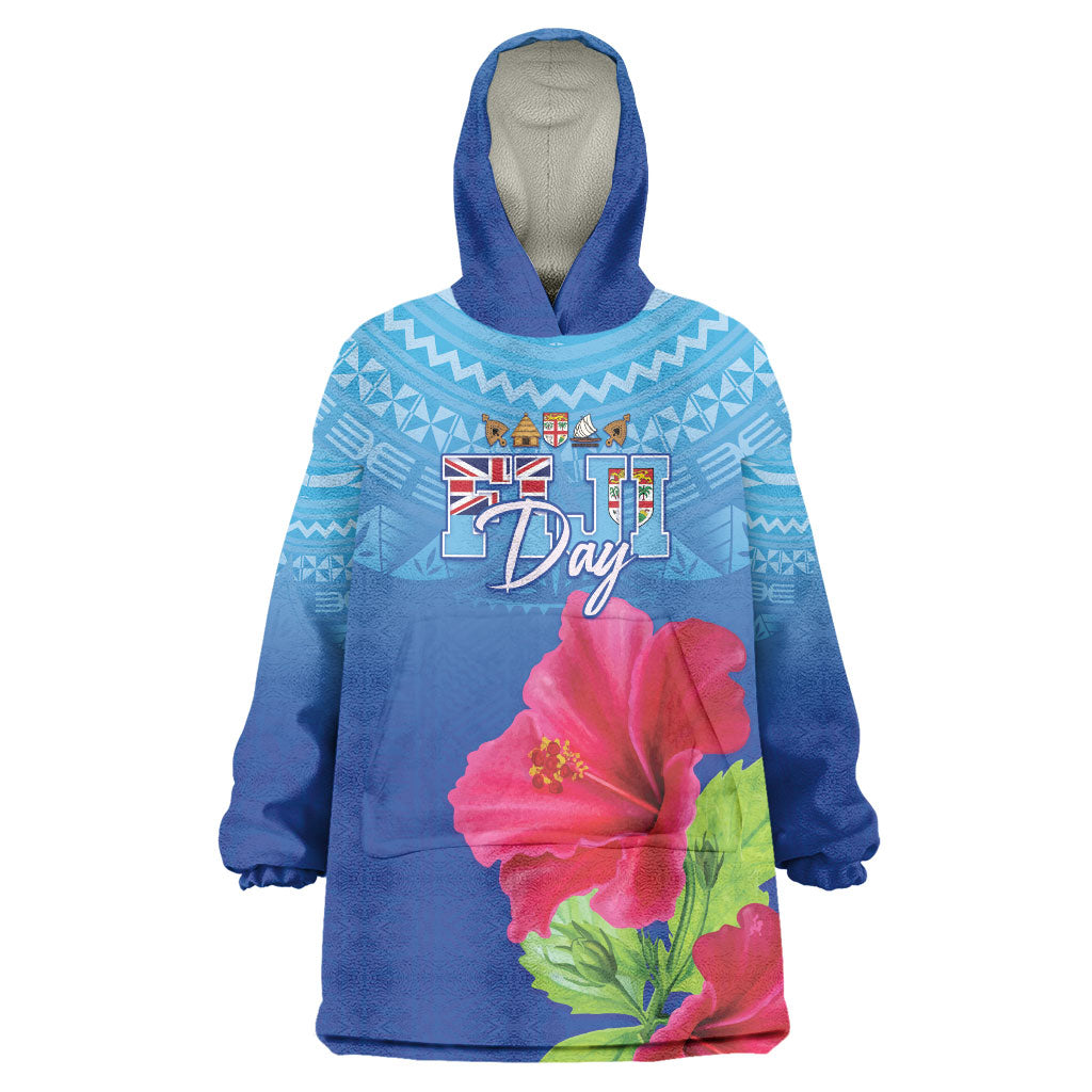 Bula Fiji Day Wearable Blanket Hoodie Traditional Tapa Pattern With Hibiscus LT05 One Size Blue - Polynesian Pride