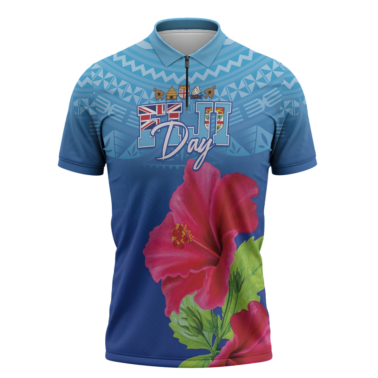 Bula Fiji Day Zipper Polo Shirt Traditional Tapa Pattern With Hibiscus LT05 Blue - Polynesian Pride