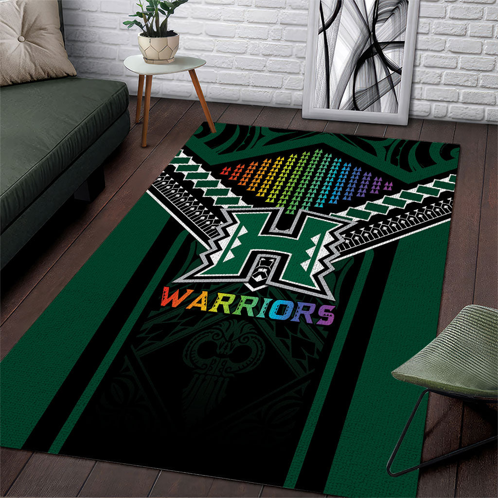 Hawaii Warriors Football Area Rug Rainbow Kakau Pattern Black