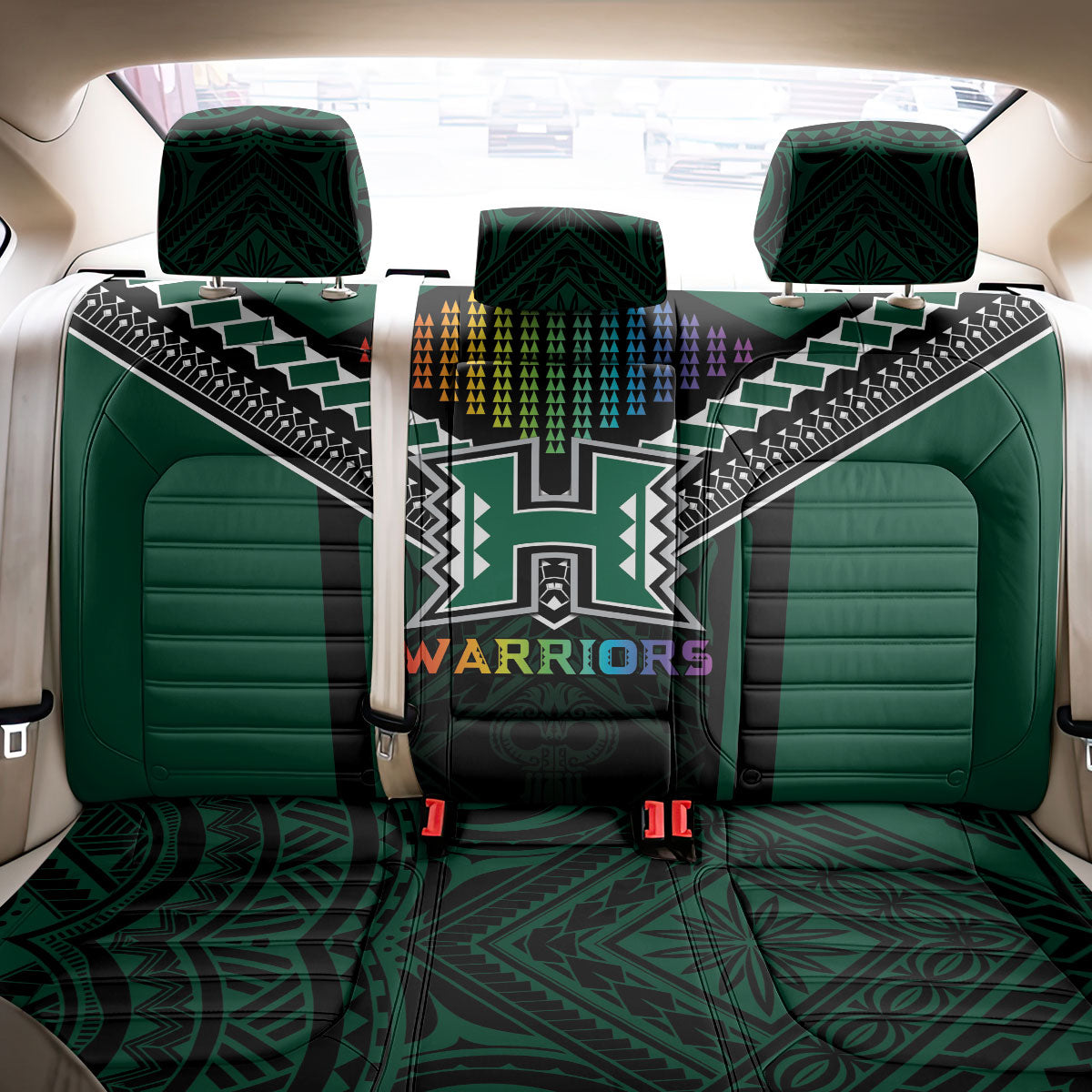 Hawaii Warriors Football Back Car Seat Cover Rainbow Kakau Pattern Black