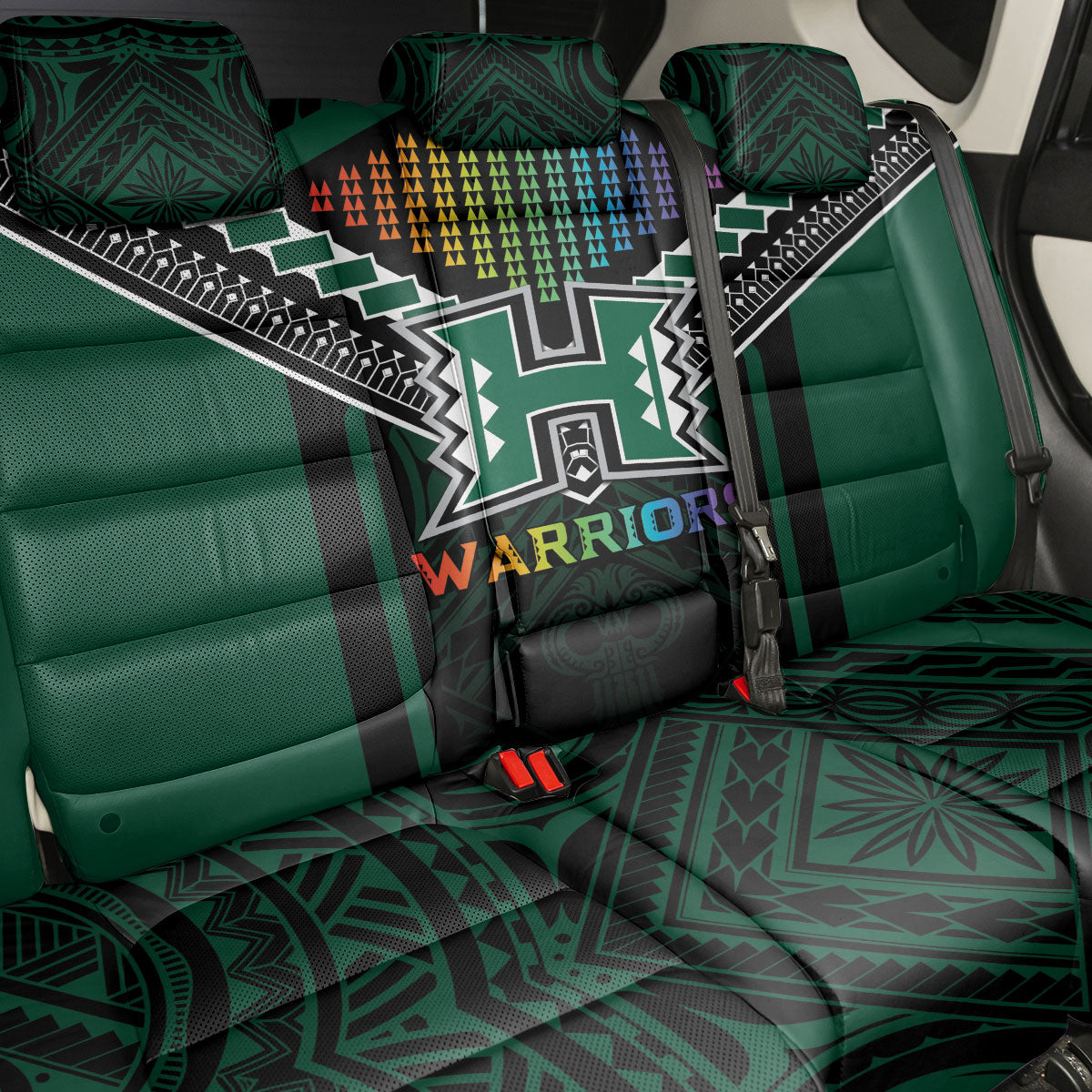 Hawaii Warriors Football Back Car Seat Cover Rainbow Kakau Pattern Black