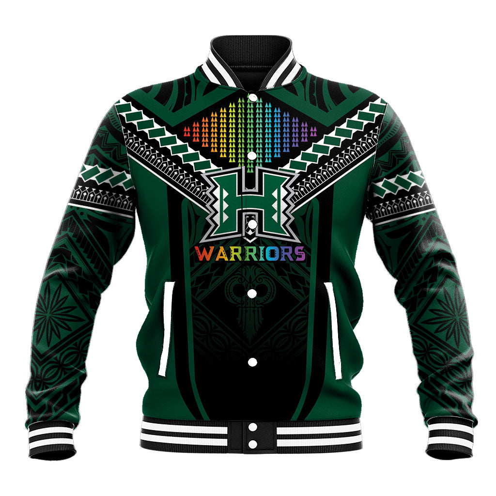 Custom Hawaii Warriors Football Baseball Jacket Rainbow Kakau Pattern Black LT05 Unisex Black - Polynesian Pride