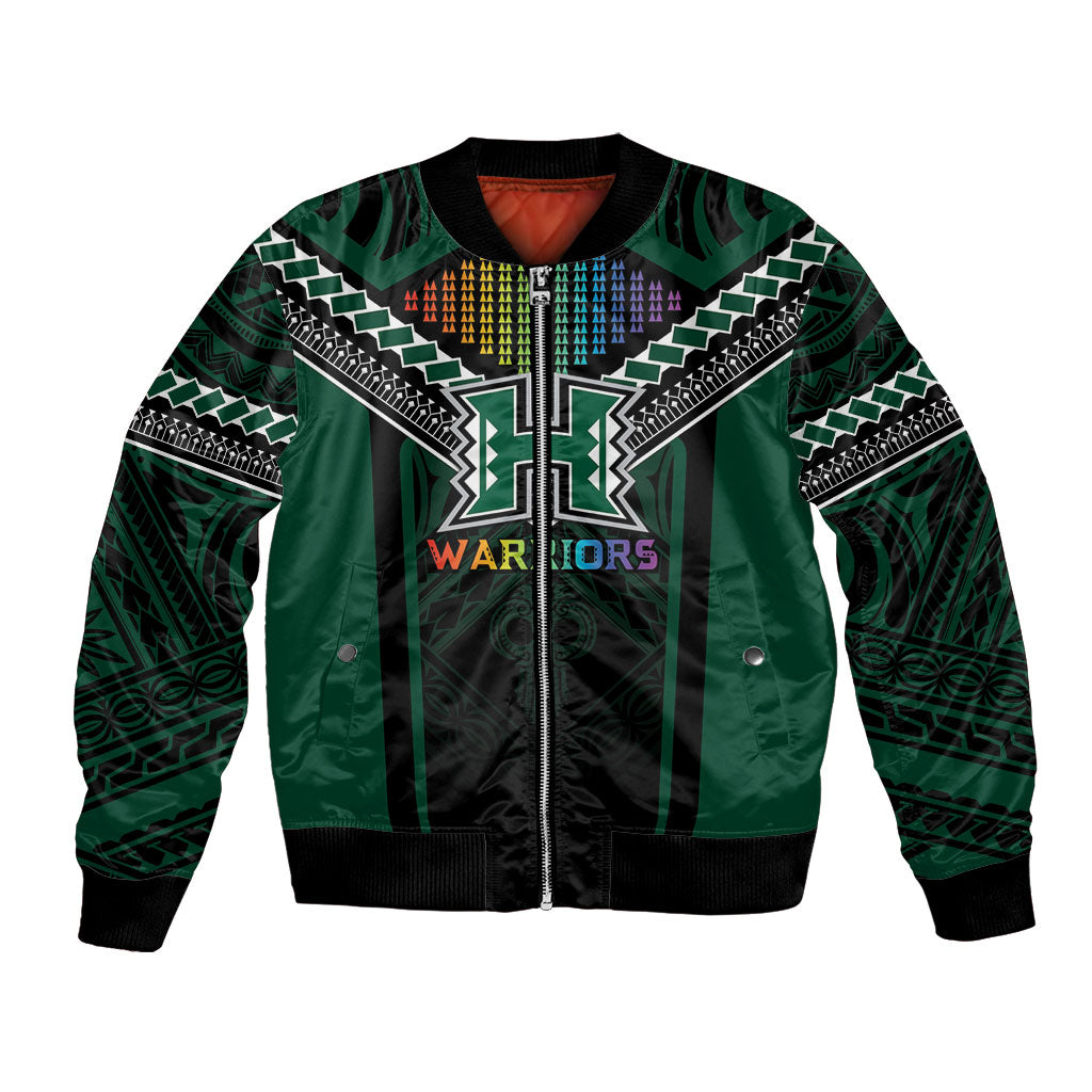Custom Hawaii Warriors Football Bomber Jacket Rainbow Kakau Pattern Black LT05 Unisex Black - Polynesian Pride