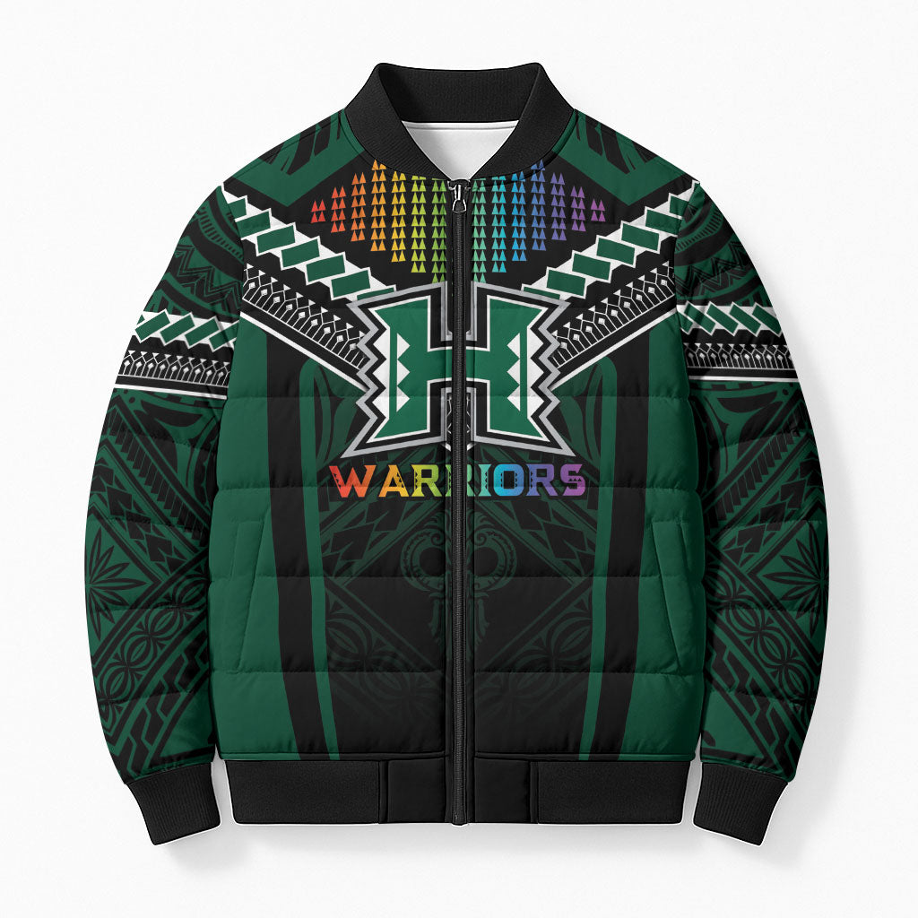 Custom Hawaii Warriors Football Bomber Puffer Jacket Rainbow Kakau Pattern Black