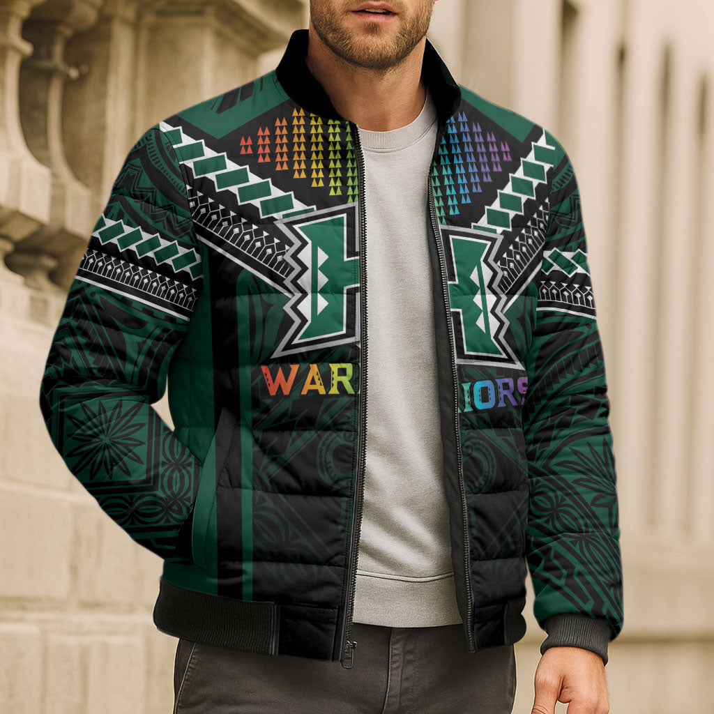 Custom Hawaii Warriors Football Bomber Puffer Jacket Rainbow Kakau Pattern Black