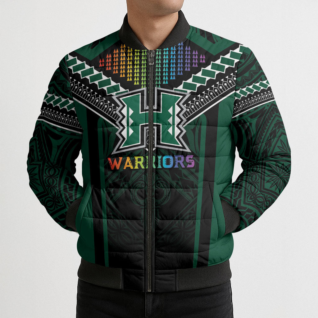 Custom Hawaii Warriors Football Bomber Puffer Jacket Rainbow Kakau Pattern Black