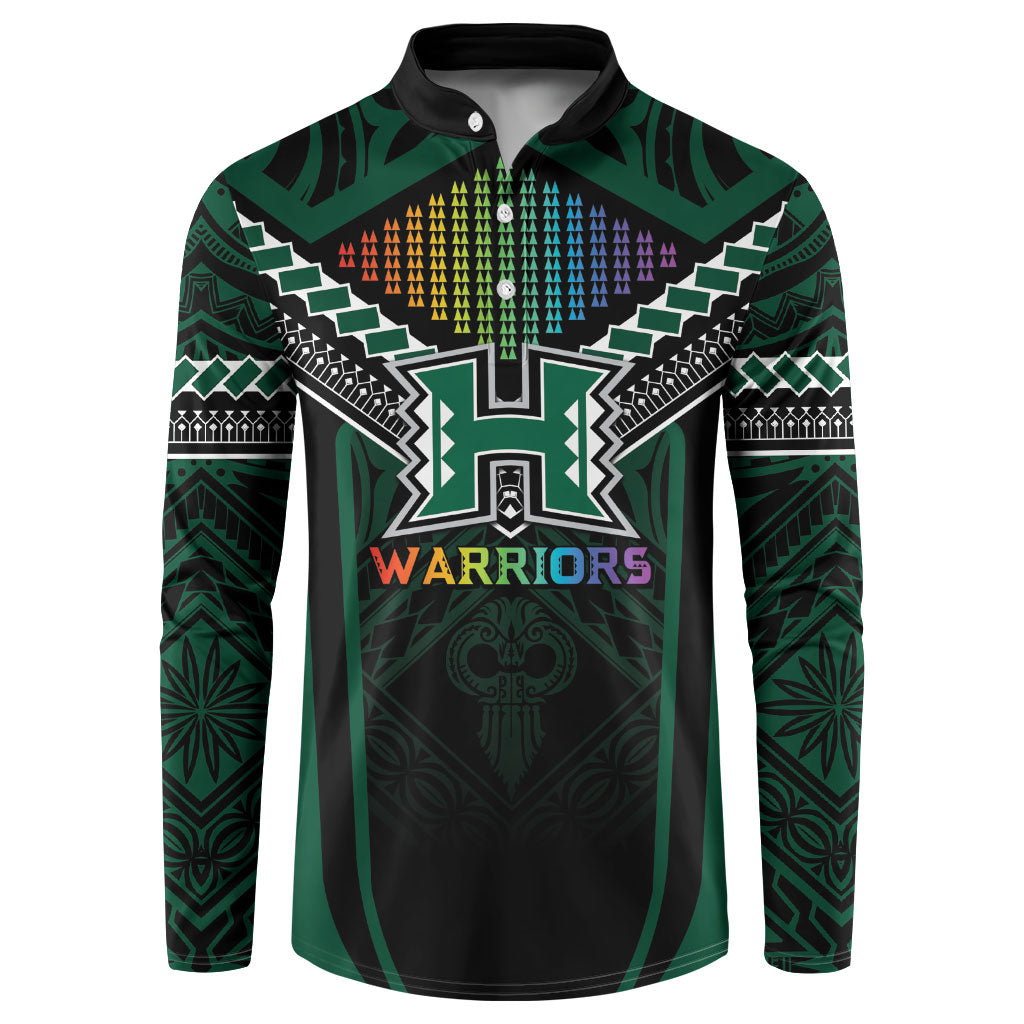 Custom Hawaii Warriors Football Button Sweatshirt Rainbow Kakau Pattern Black