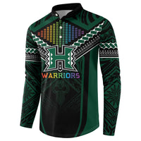 Custom Hawaii Warriors Football Button Sweatshirt Rainbow Kakau Pattern Black