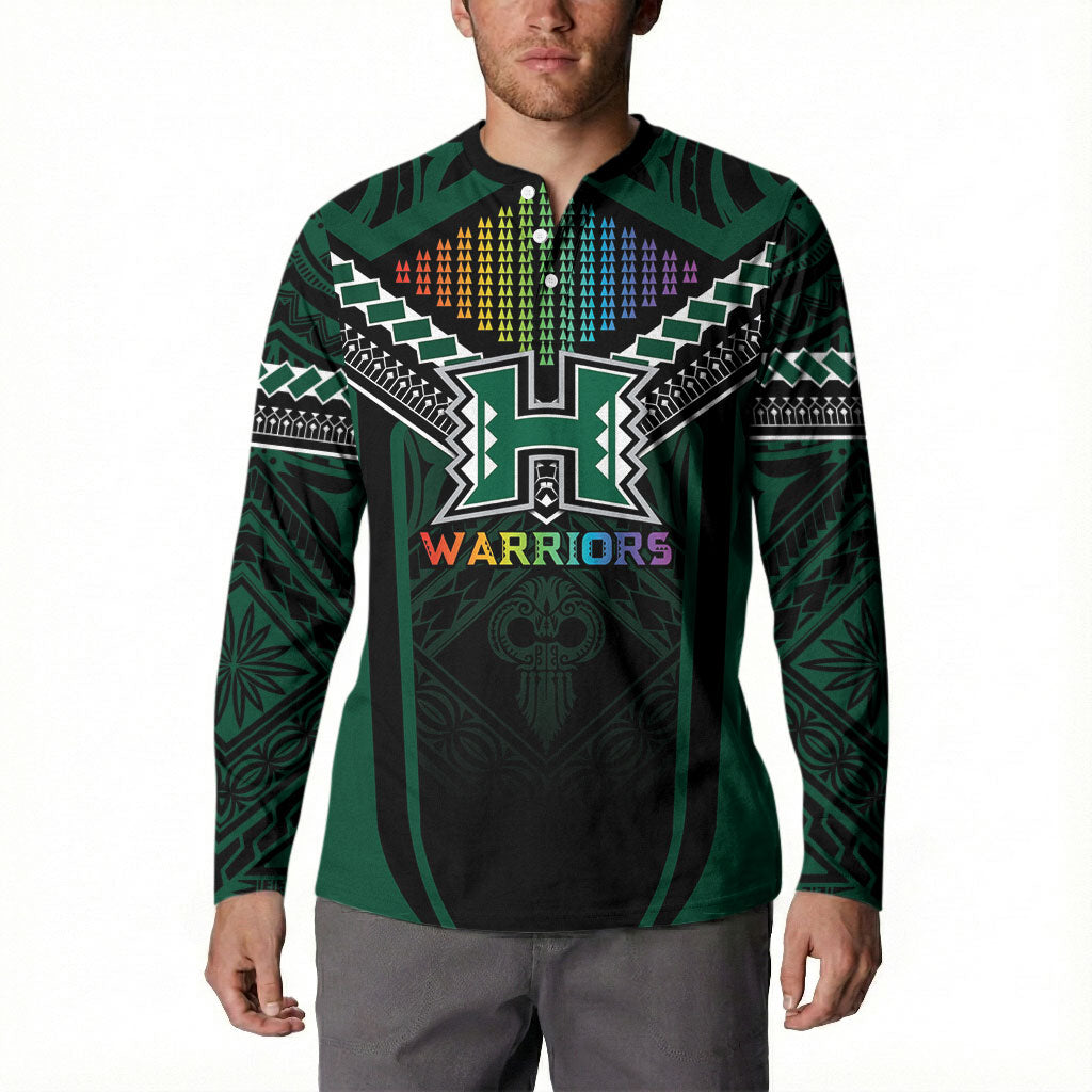 Custom Hawaii Warriors Football Button Sweatshirt Rainbow Kakau Pattern Black