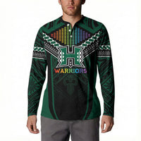 Custom Hawaii Warriors Football Button Sweatshirt Rainbow Kakau Pattern Black