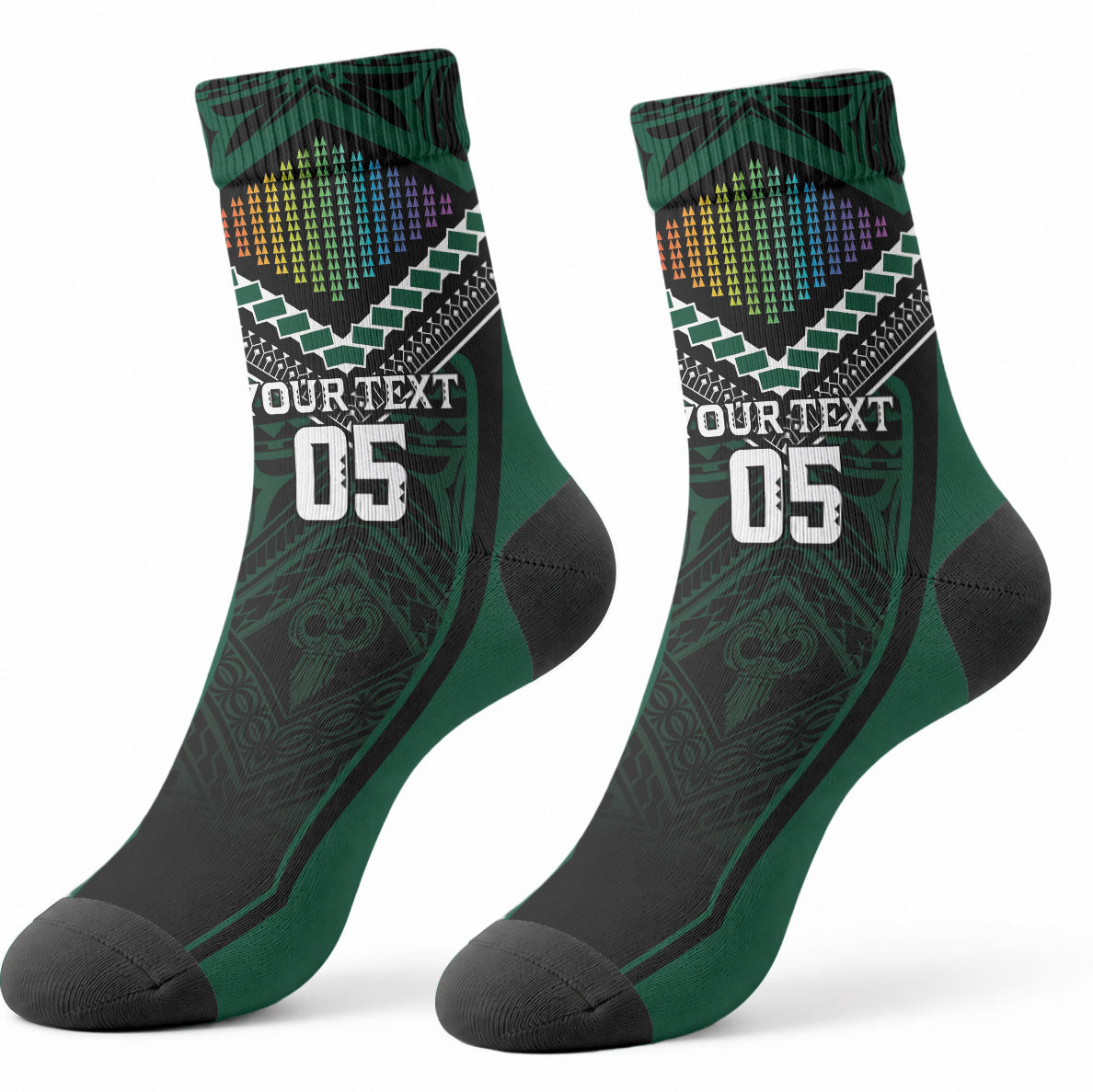 Custom Hawaii Warriors Football Crew Socks Rainbow Kakau Pattern Black LT05 - Polynesian Pride