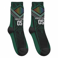Custom Hawaii Warriors Football Crew Socks Rainbow Kakau Pattern Black LT05 - Polynesian Pride