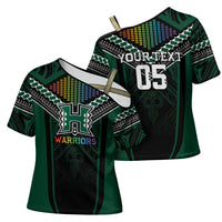 Custom Hawaii Warriors Football Cross Shoulder Shirt Rainbow Kakau Pattern Black