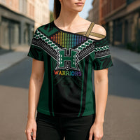 Custom Hawaii Warriors Football Cross Shoulder Shirt Rainbow Kakau Pattern Black