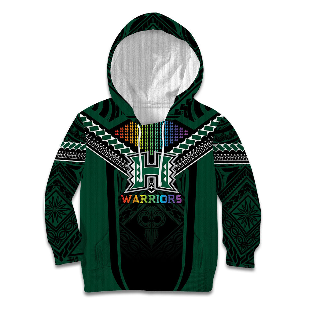 Custom Hawaii Warriors Football Kid Hoodie Rainbow Kakau Pattern Black