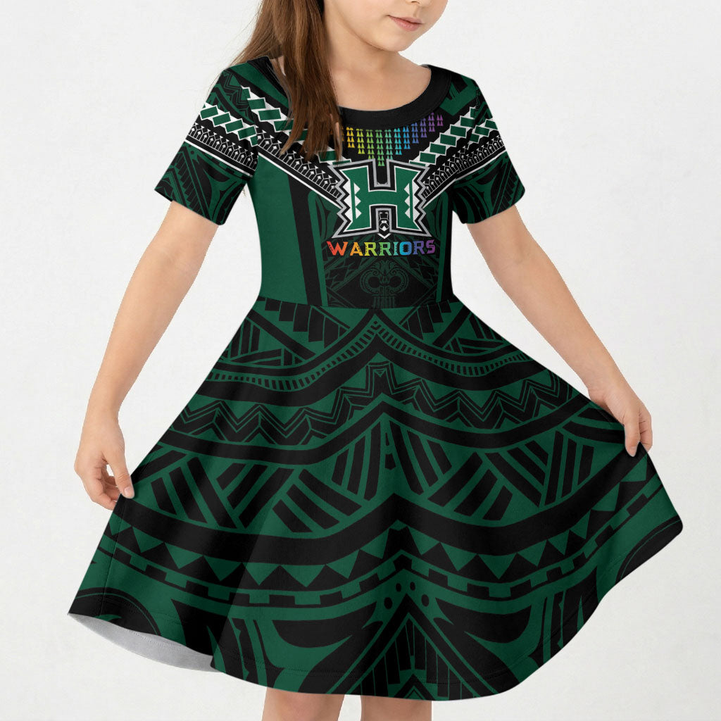 Custom Hawaii Warriors Football Kid Short Sleeve Dress Rainbow Kakau Pattern Black LT05 KID Black - Polynesian Pride