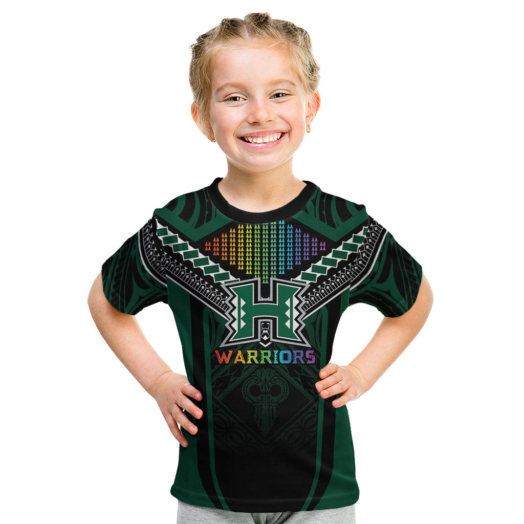 Custom Hawaii Warriors Football Kid T Shirt Rainbow Kakau Pattern Black