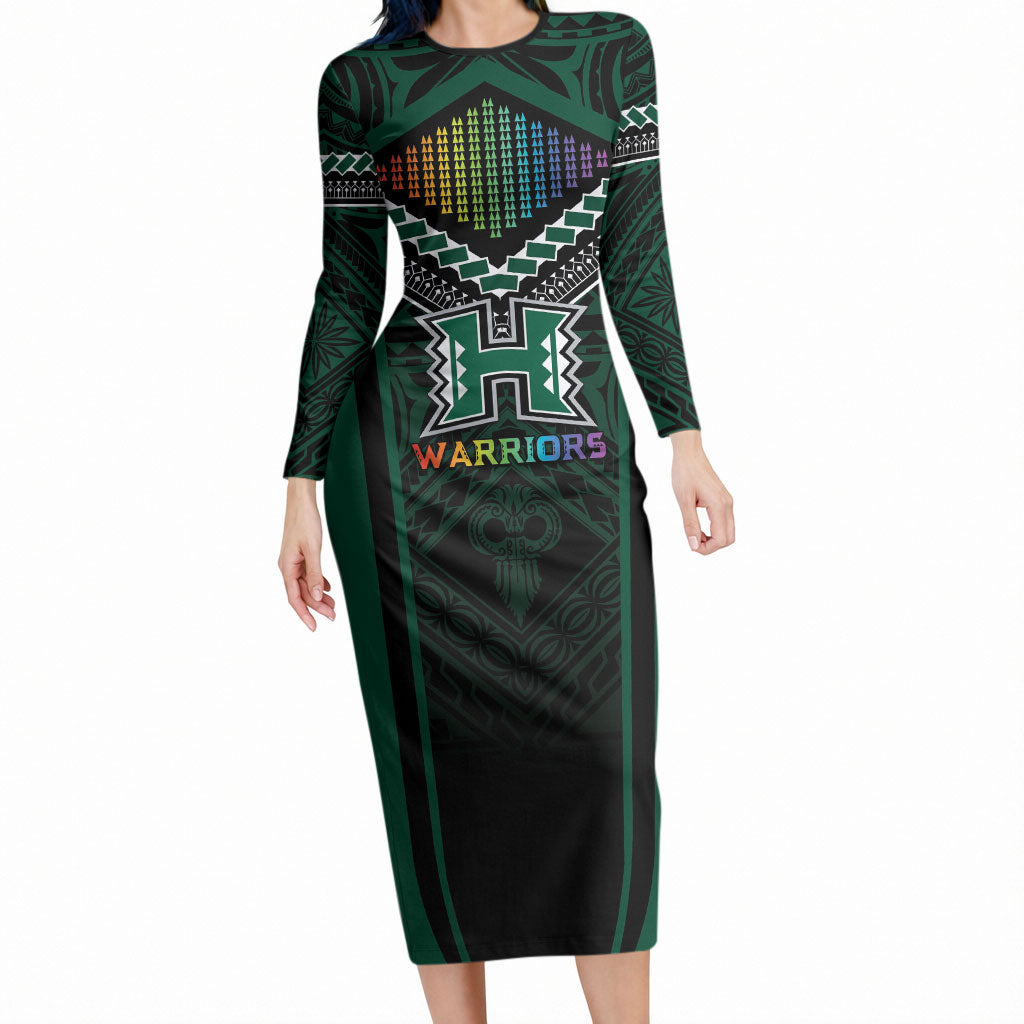 Custom Hawaii Warriors Football Long Sleeve Bodycon Dress Rainbow Kakau Pattern Black LT05 Long Dress Black - Polynesian Pride