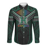 Custom Hawaii Warriors Football Long Sleeve Button Shirt Rainbow Kakau Pattern Black