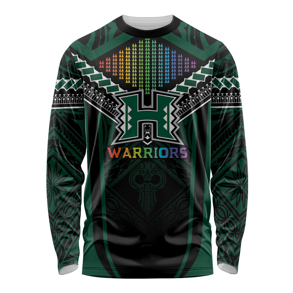 Custom Hawaii Warriors Football Long Sleeve Shirt Rainbow Kakau Pattern Black