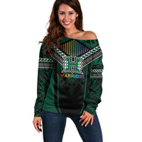 Custom Hawaii Warriors Football Off Shoulder Sweater Rainbow Kakau Pattern Black
