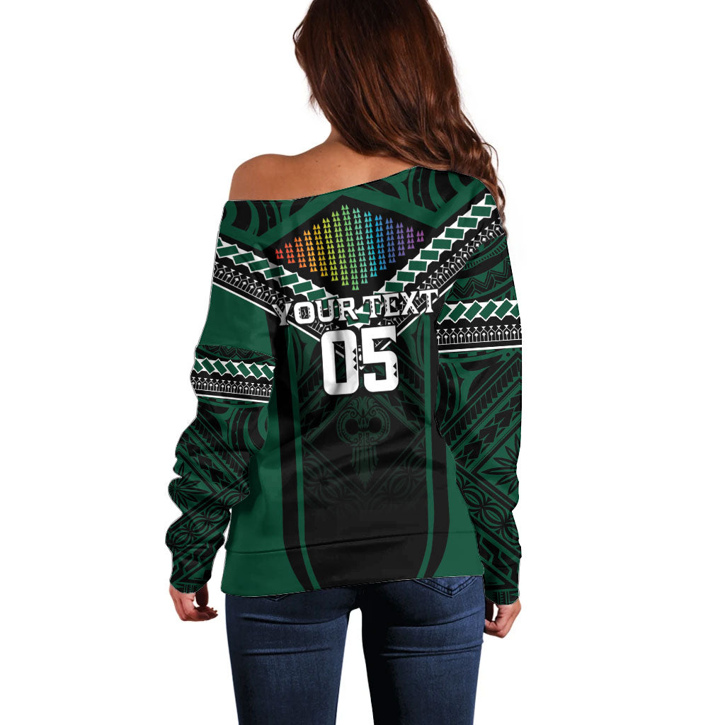 Custom Hawaii Warriors Football Off Shoulder Sweater Rainbow Kakau Pattern Black