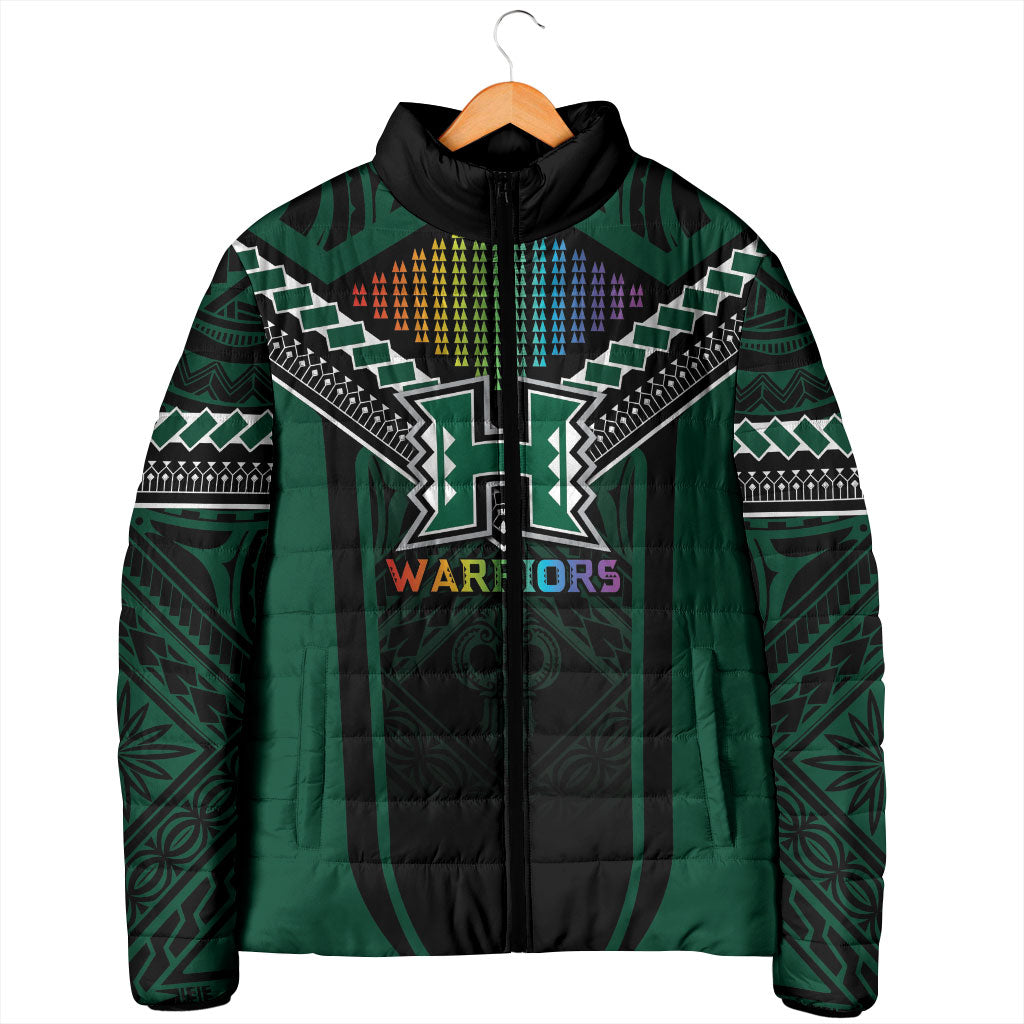 Custom Hawaii Warriors Football Padded Jacket Rainbow Kakau Pattern Black LT05 - Polynesian Pride