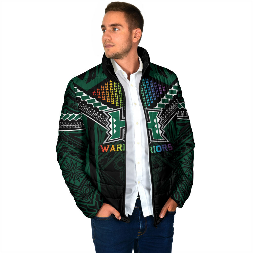 Custom Hawaii Warriors Football Padded Jacket Rainbow Kakau Pattern Black LT05 - Polynesian Pride