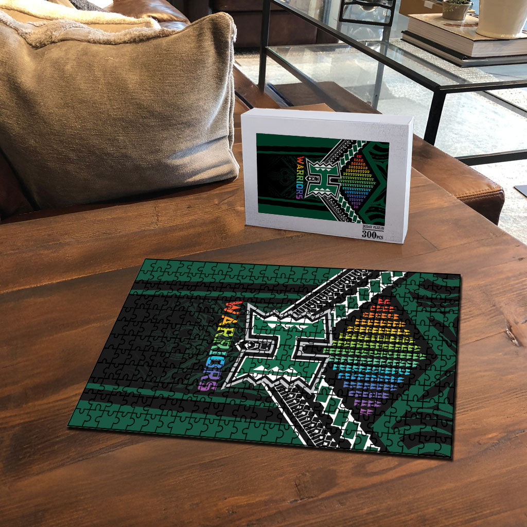 Hawaii Warriors Football Puzzle Rainbow Kakau Pattern Black