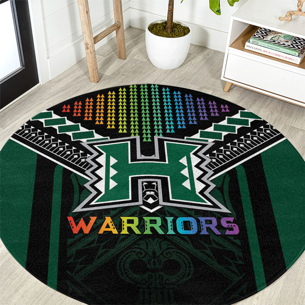 Hawaii Warriors Football Round Carpet Rainbow Kakau Pattern Black