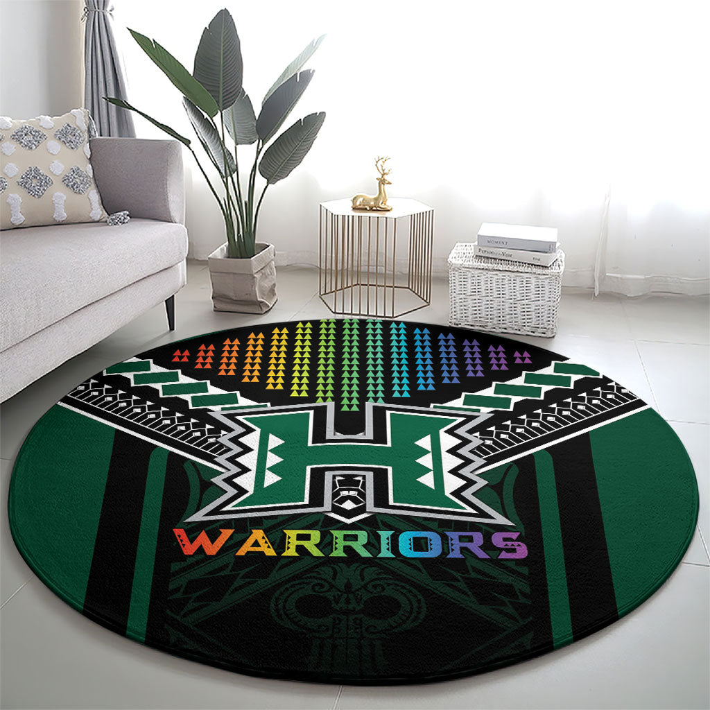 Hawaii Warriors Football Round Carpet Rainbow Kakau Pattern Black