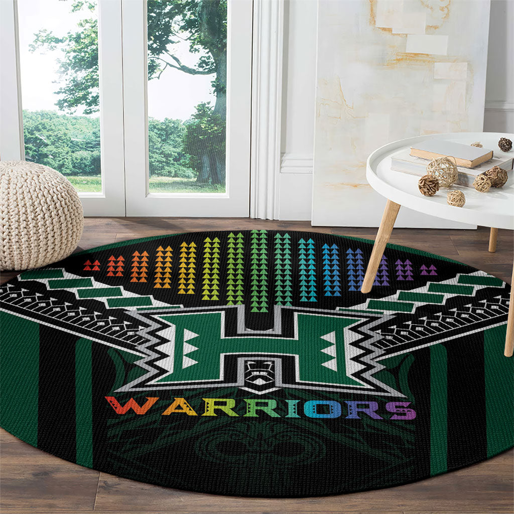 Hawaii Warriors Football Round Carpet Rainbow Kakau Pattern Black