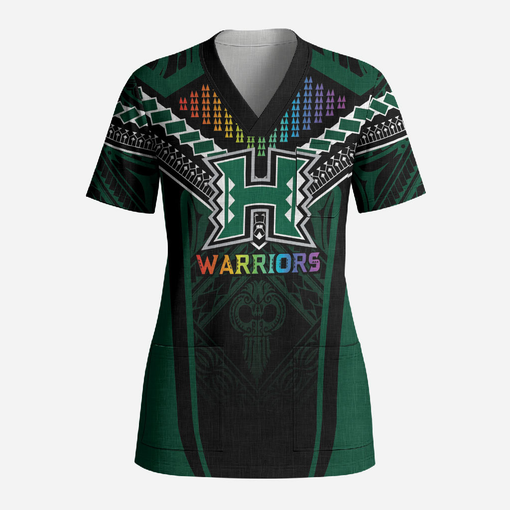 Custom Hawaii Warriors Football Scrub Top Rainbow Kakau Pattern Black