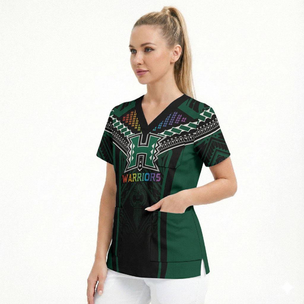 Custom Hawaii Warriors Football Scrub Top Rainbow Kakau Pattern Black