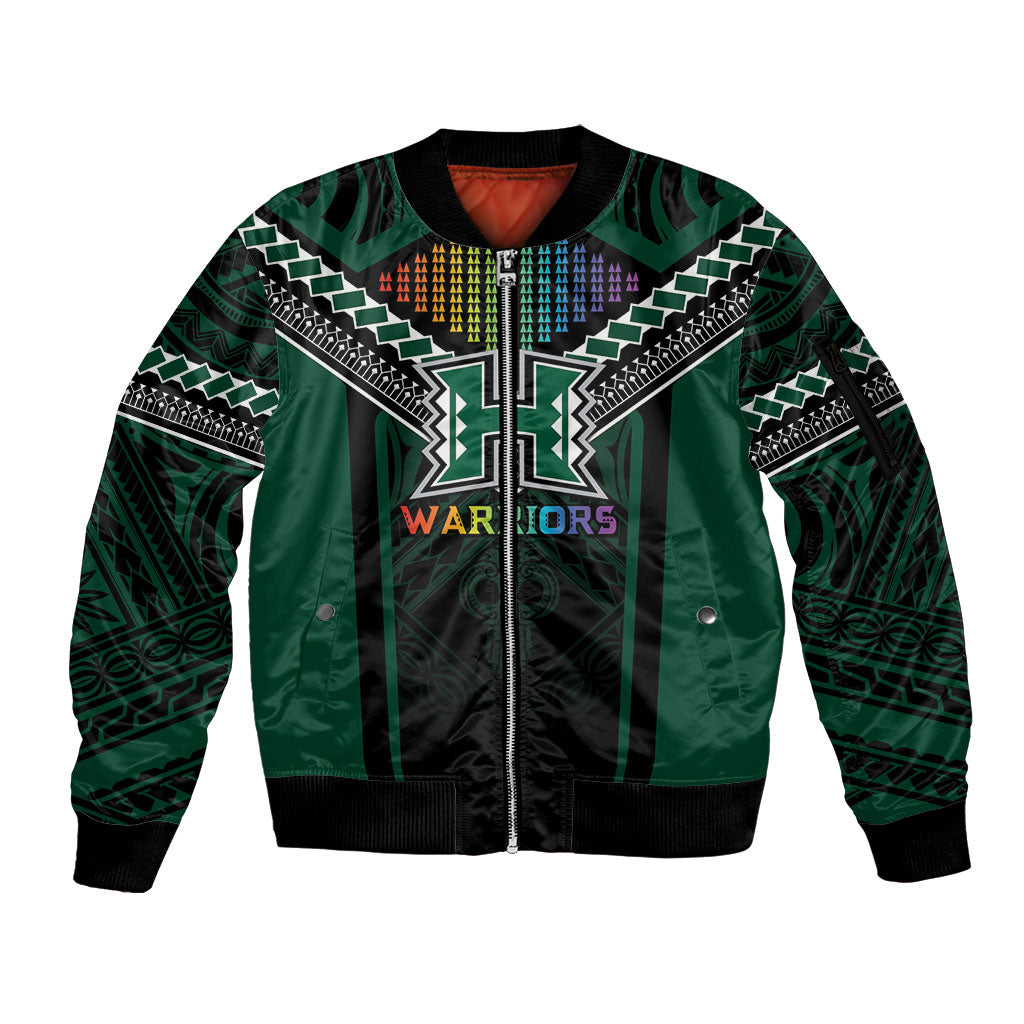 Custom Hawaii Warriors Football Sleeve Zip Bomber Jacket Rainbow Kakau Pattern Black