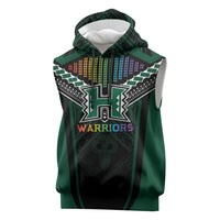 Custom Hawaii Warriors Football Sleeveless Hoodie Rainbow Kakau Pattern Black LT05 Black - Polynesian Pride