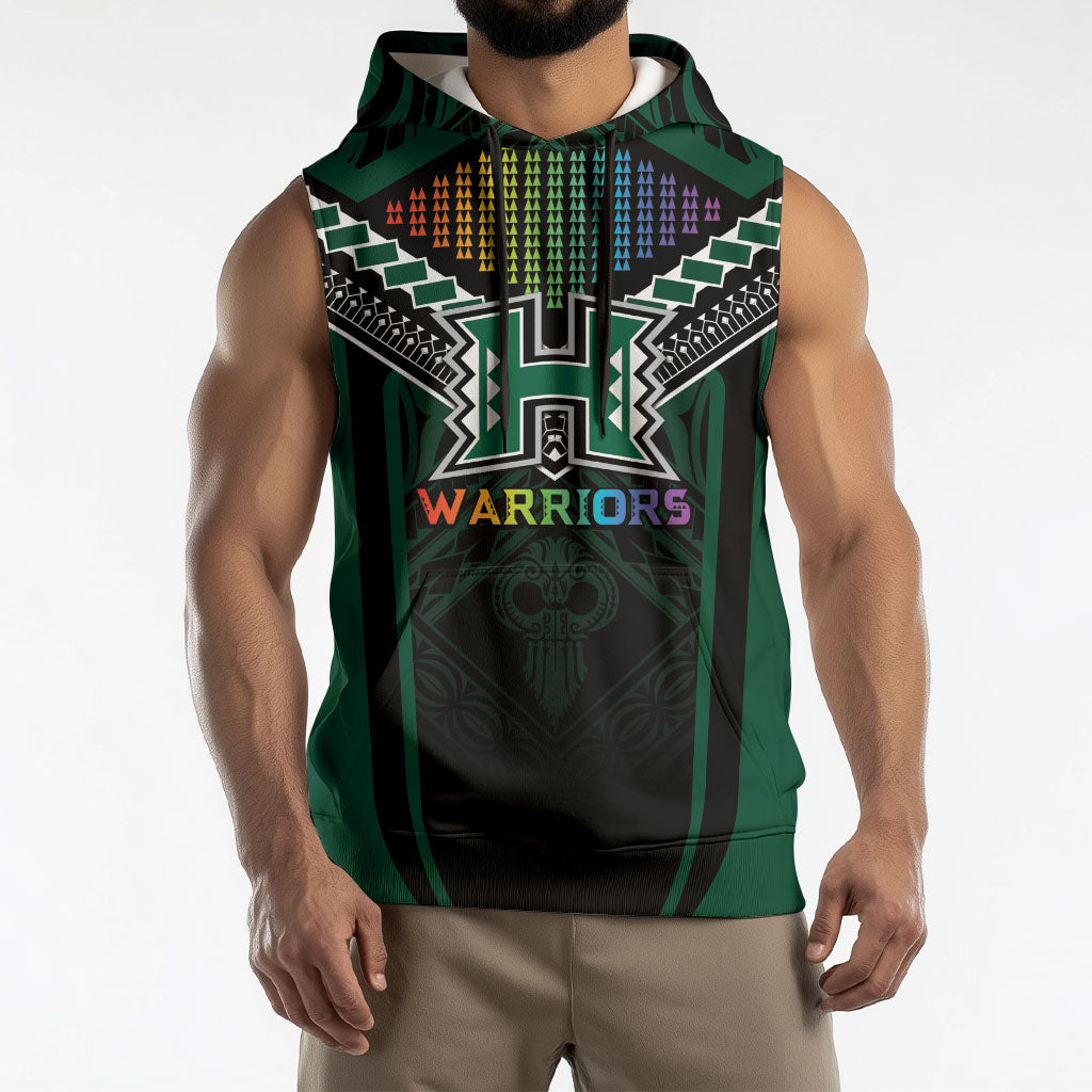 Custom Hawaii Warriors Football Sleeveless Hoodie Rainbow Kakau Pattern Black LT05 - Polynesian Pride