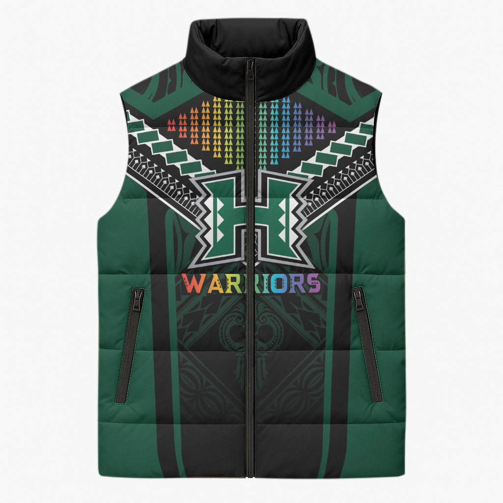 Custom Hawaii Warriors Football Sleeveless Puffer Jacket Rainbow Kakau Pattern Black