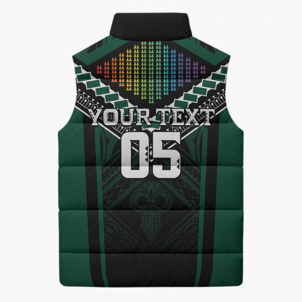 Custom Hawaii Warriors Football Sleeveless Puffer Jacket Rainbow Kakau Pattern Black