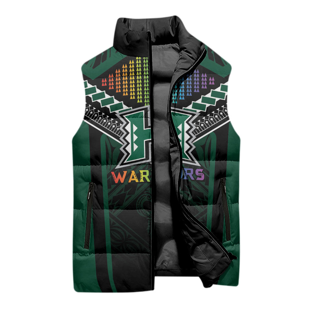 Custom Hawaii Warriors Football Sleeveless Puffer Jacket Rainbow Kakau Pattern Black